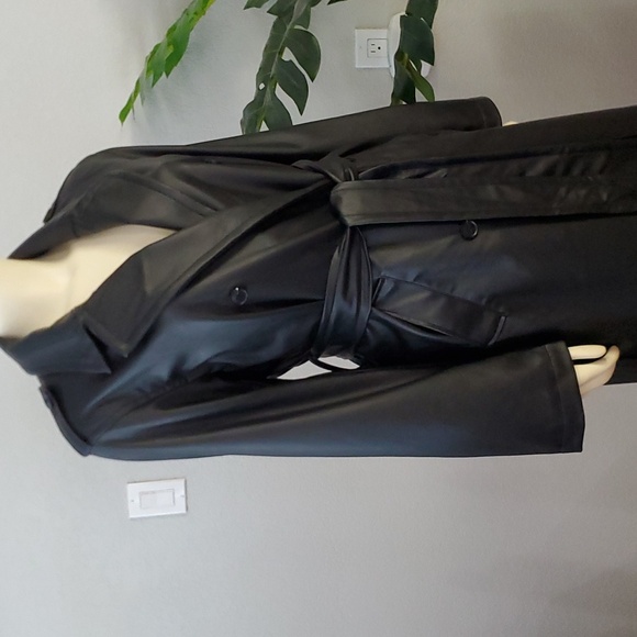 Black Faux Vegan Leather long belted Trench Coat S womens - Picture 9 of 13